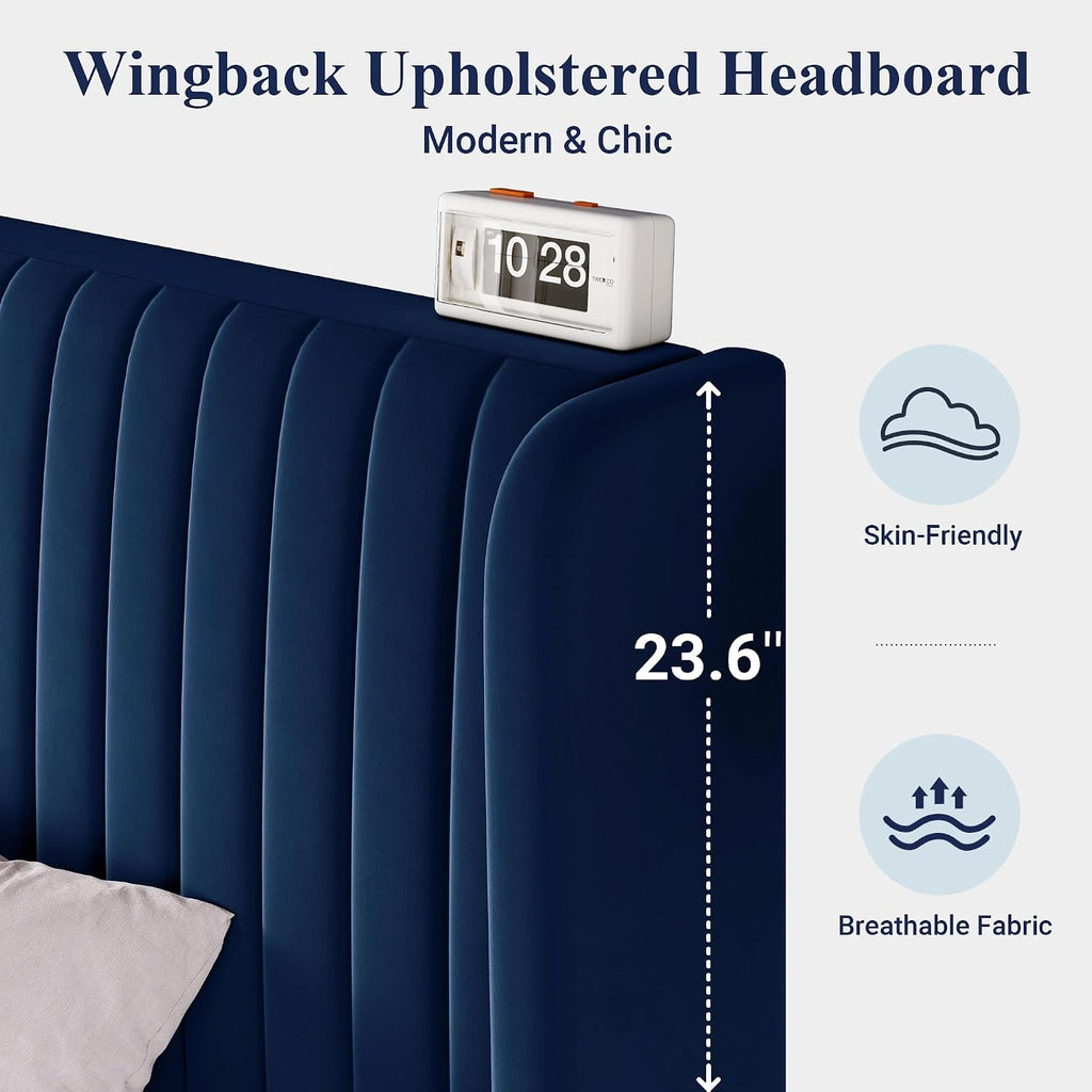 Allewie King Size Velvet Bed Frame/Vertical Channel Tufted Wingback Headboard/Upholstered Platform Bed/Strong Wooden Slats/No Box Spring Needed/Easy Assembly/Blue