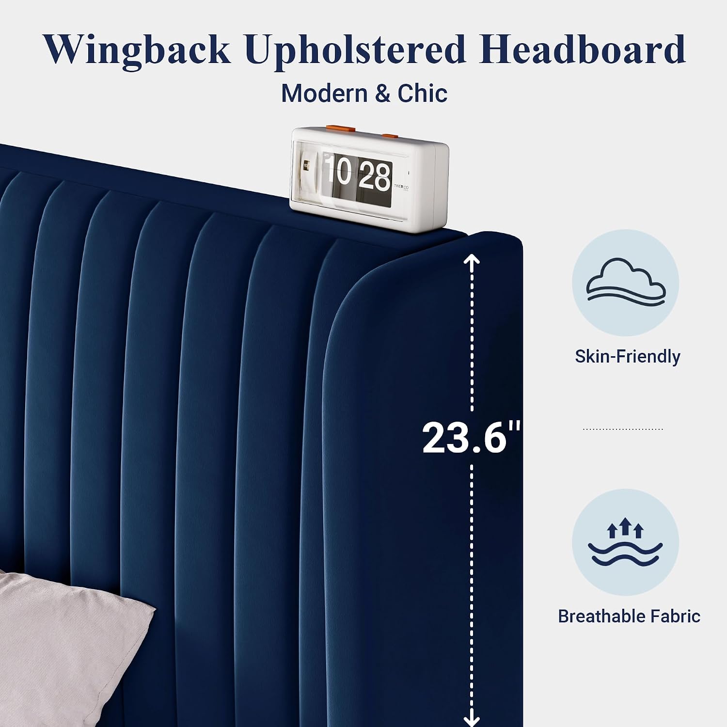 Allewie King Size Velvet Bed Frame/Vertical Channel Tufted Wingback Headboard/Upholstered Platform Bed/Strong Wooden Slats/No Box Spring Needed/Easy Assembly/Blue