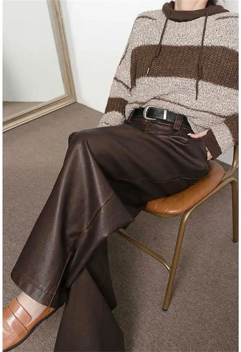 Women's American Leather Pants Autumn and Winter Retro Design Pleated Wide Leg Pants