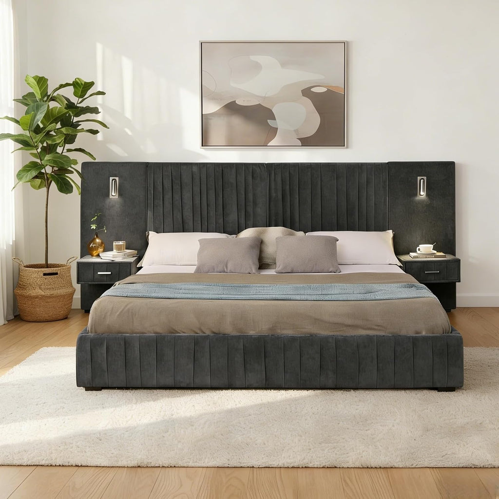 KEIKI Queen Size Chenille Bed Frame with 2 Nightstands, Lamps & Oversize Headboard, Solid Wood Frame Platform Night Stand Bedroom Set, Upholstered Floor Grounded Bed, No Box Spring Needed, Dark Grey