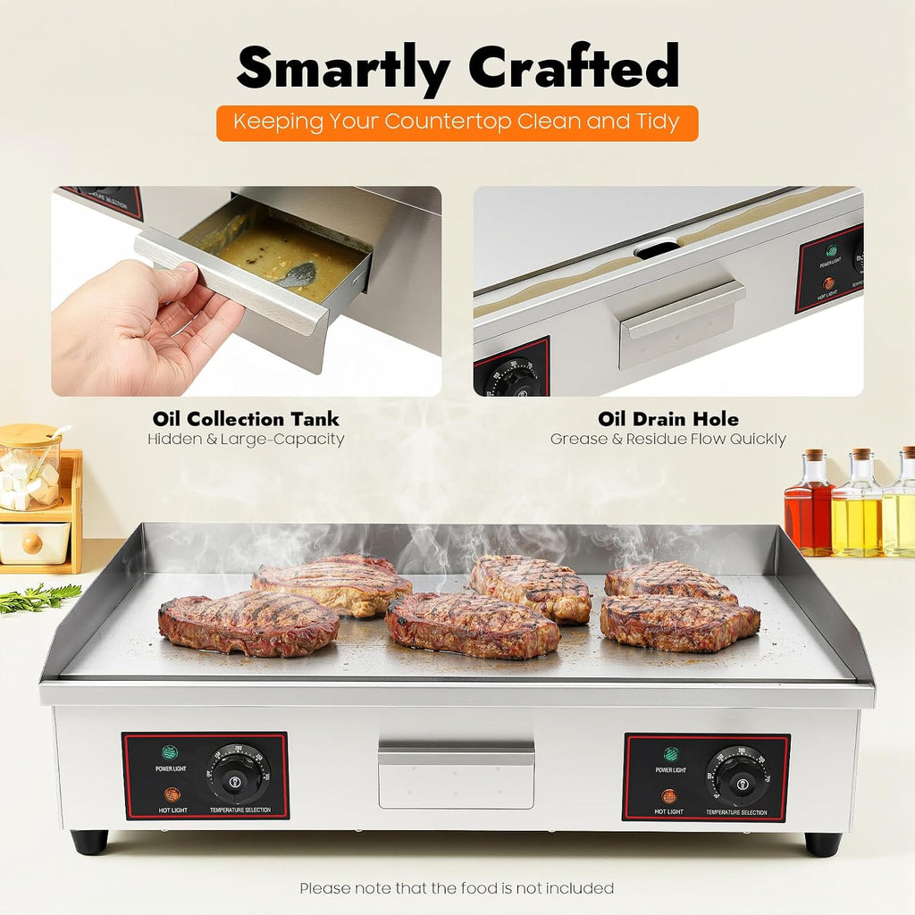 30' Commercial Electric Griddle, 110V 3000W Electric Stainless Steel Countertop Flat Top Griddle Electric Flat Top Grill Teppanyaki Grill with Adjustable Temperature Control 122-572℉ (No Plug)