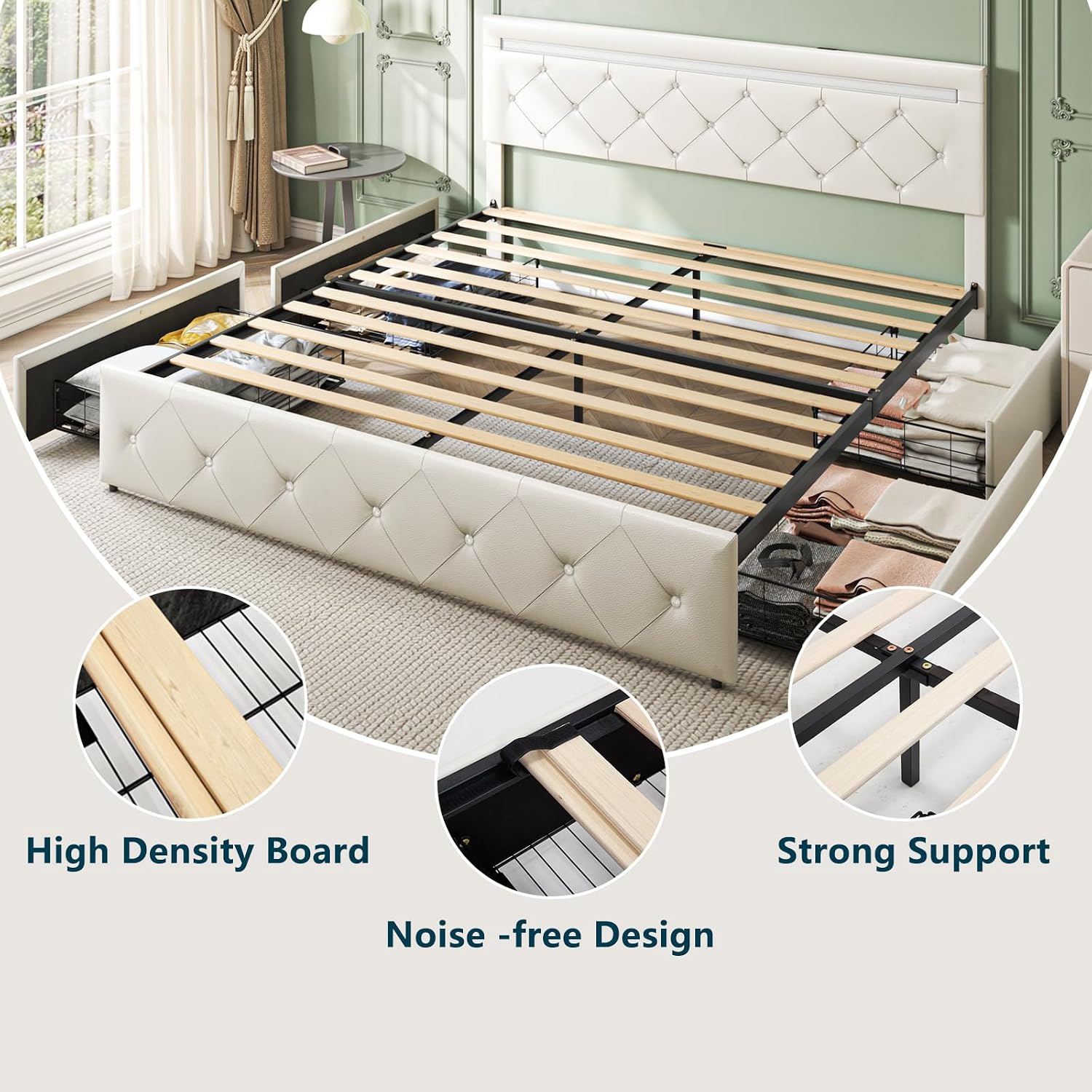 Bed Frame Queen Size with Storage Drawers and LED Light, 2 Sockets and 2 USB Ports, Adjustable Headboard with PU Leather Upholstered, No Box Spring Needed, Wooden Slats Support, White.
