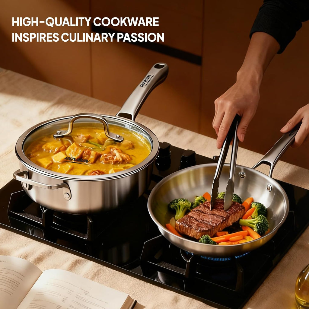 ROVSUN 11-Pcs Stainless Steel Cookware Set, Tri-Ply Pots and Pans Set, Non-Toxic Kitchen Set, PFOA & PTFE Free, Full Clad Frying Pans, Saucepans, Saute Pan & Stock Pot, Compatible for All Cooktops