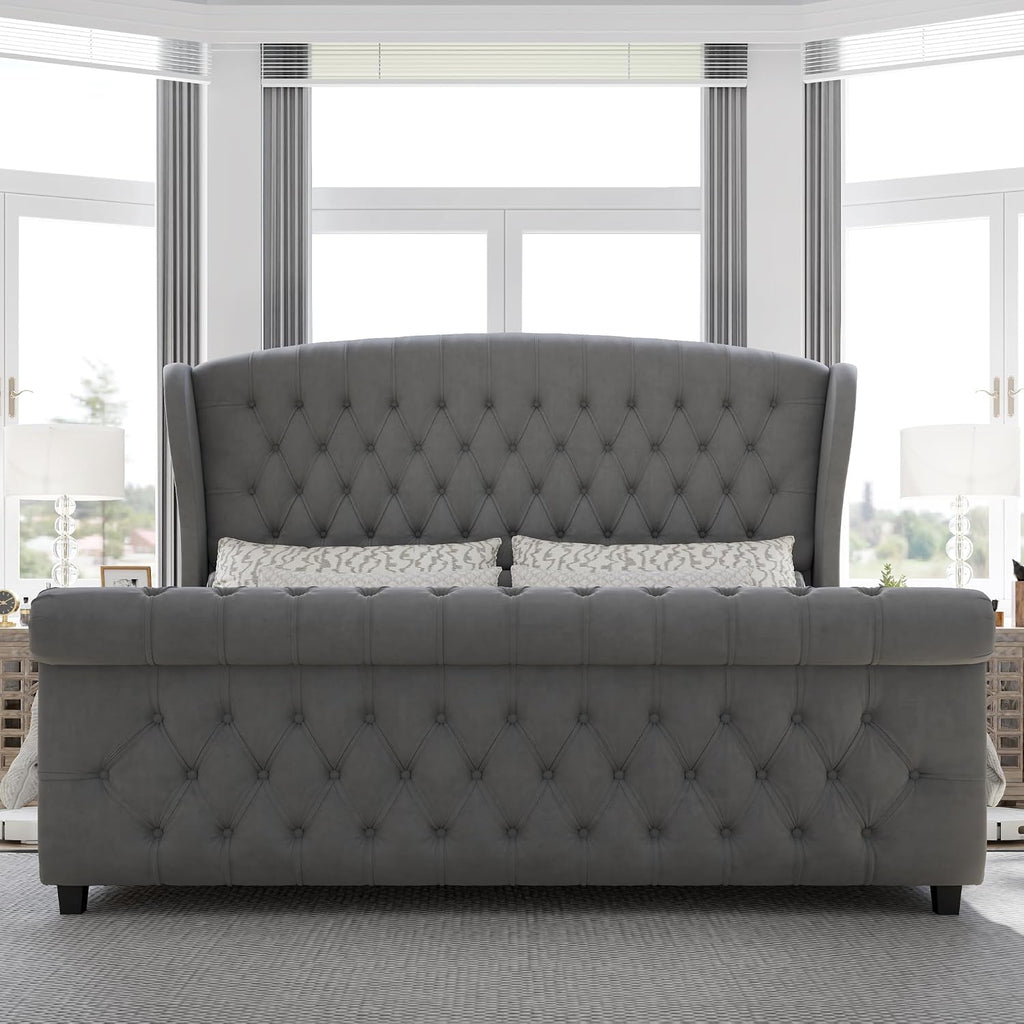 AMERLIFE Queen Size Platform Bed Frame, Velvet Upholstered Sleigh Bed with Scroll Wingback Headboard & Footboard/Button Tufted/No Box Spring Required/Grey