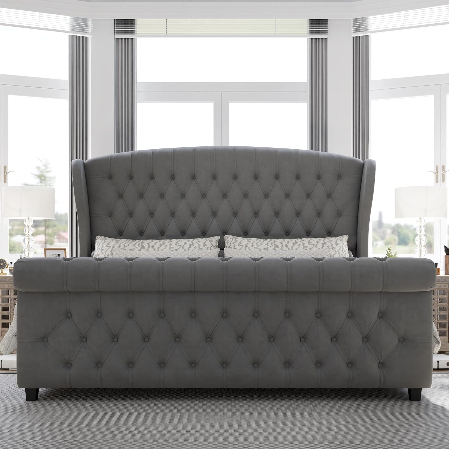 AMERLIFE Queen Size Platform Bed Frame, Velvet Upholstered Sleigh Bed with Scroll Wingback Headboard & Footboard/Button Tufted/No Box Spring Required/Grey