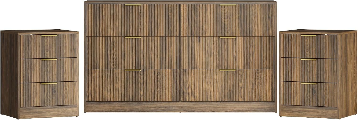 3-Piece Modern Bedroom Furniture Set, Wide 6-Drawer Dresser & 3-Drawer Nightstands Set of 2, Natural Wood Dresser and Nightstand Sets for Bedroom, Hallway, Walnut