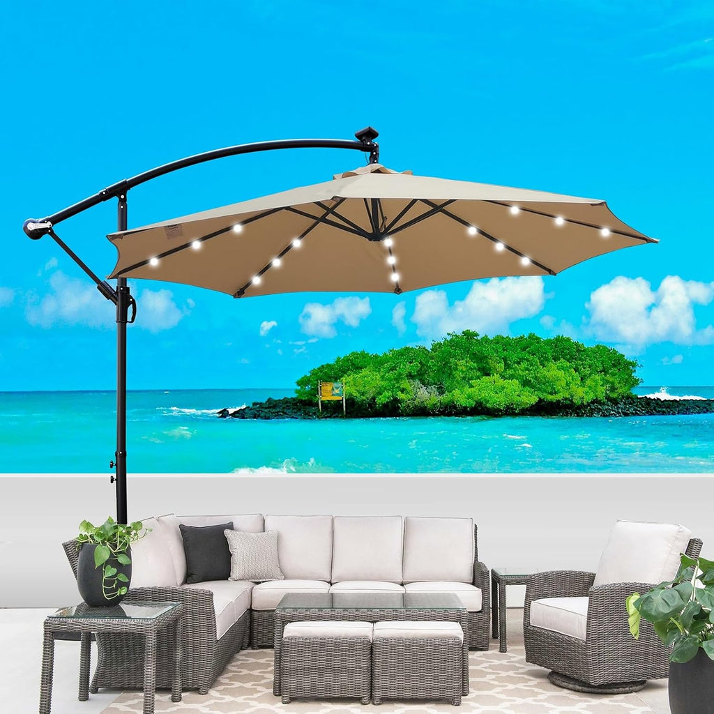 10FT Solar Powered Patio Umbrella, Market Table Umbrella with 24 LED Lights & 8 Sturdy Ribs, Cantilever Patio Umbrella with base, Offset Umbrella for Garden Lawn Deck Backyard Pool
