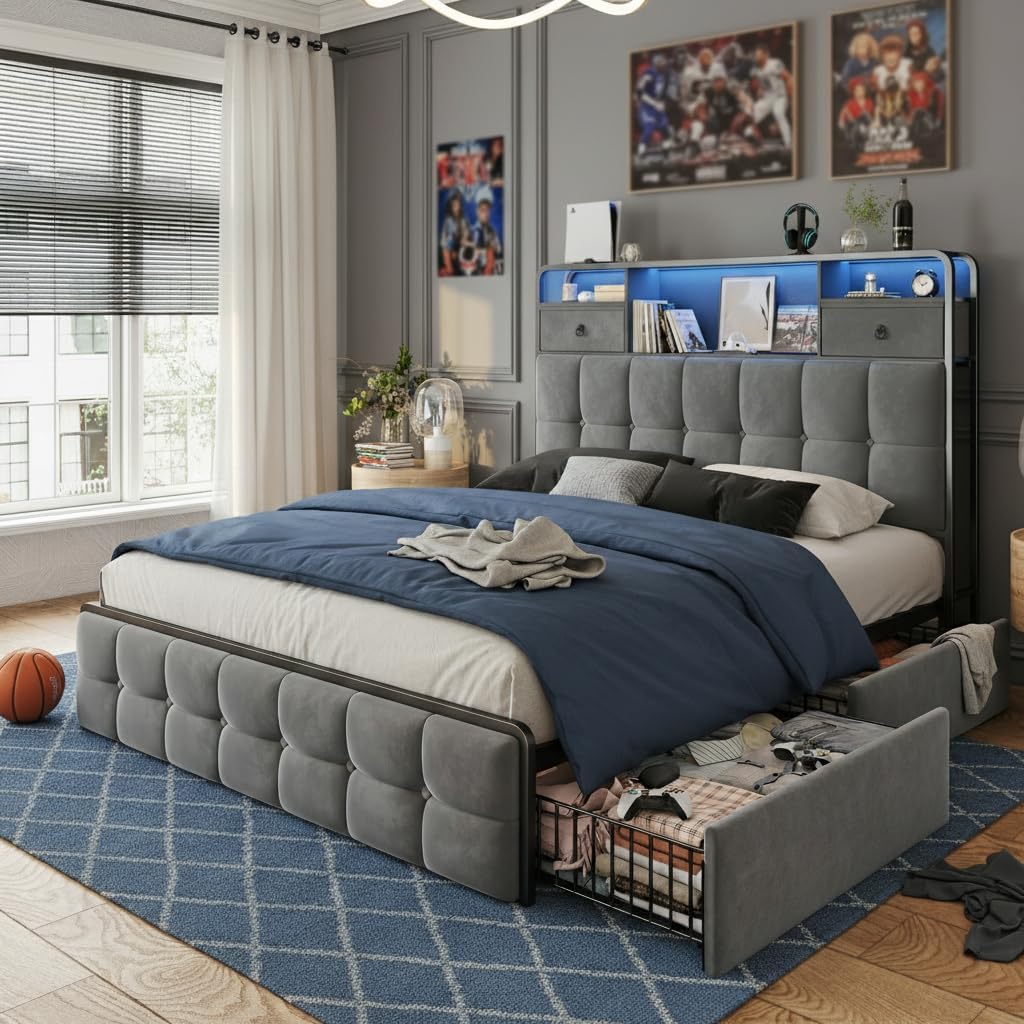 EnHomee Full Size Bed Frame with Upholstered Headboard and 6 Storage Drawers,Bed Frame Full with LED Lights and Charging Station,no Box Spring Needed,No Noise, Easy Assembly,Velvet,Sturdy,Soft,Grey