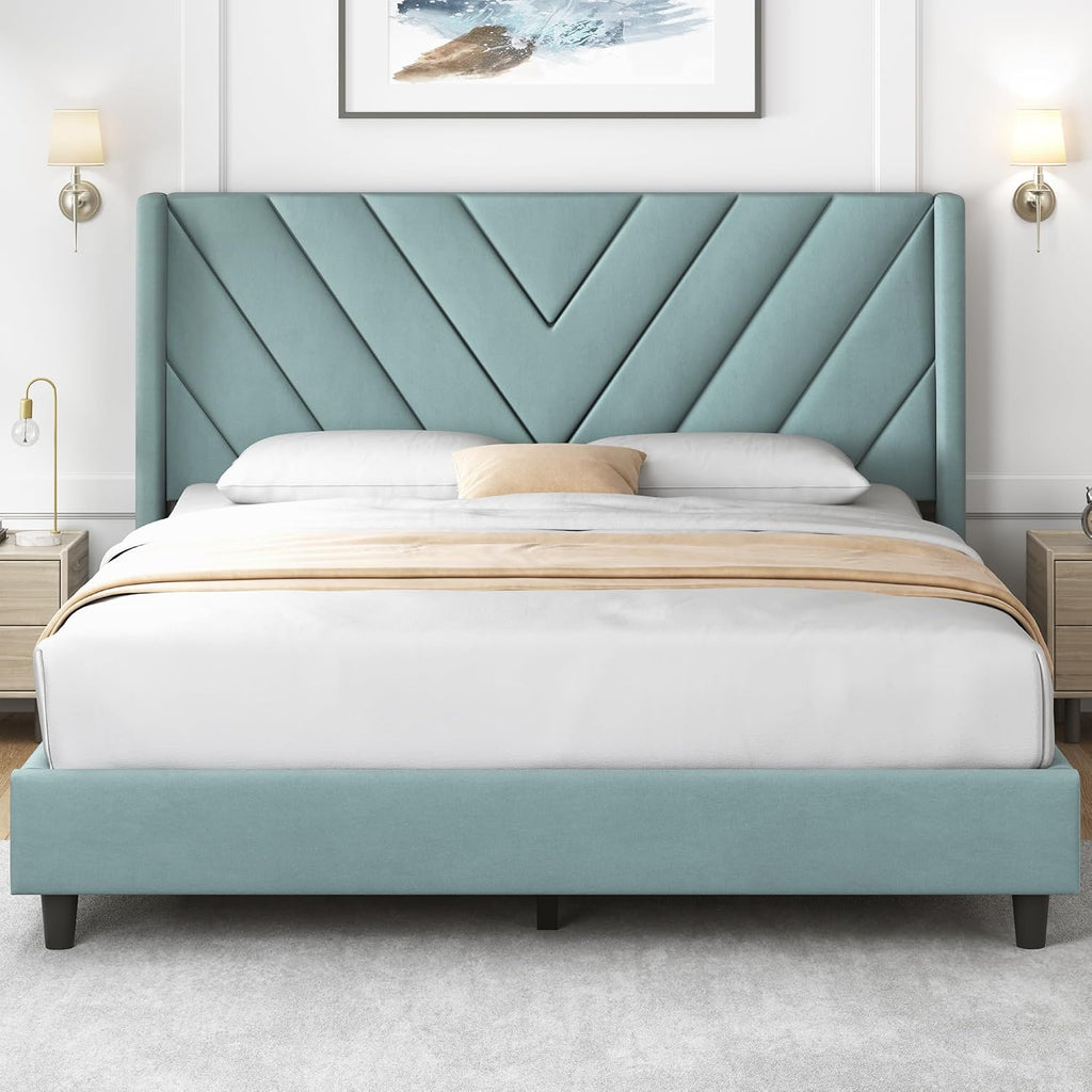 Yaheetech Queen Bed Frame Upholstered Platform Bed/Wooden Slat Support/Tufted Headboard with Wing Side/Mattress Foundation/No Box Spring Needed,Blue Lake Queen