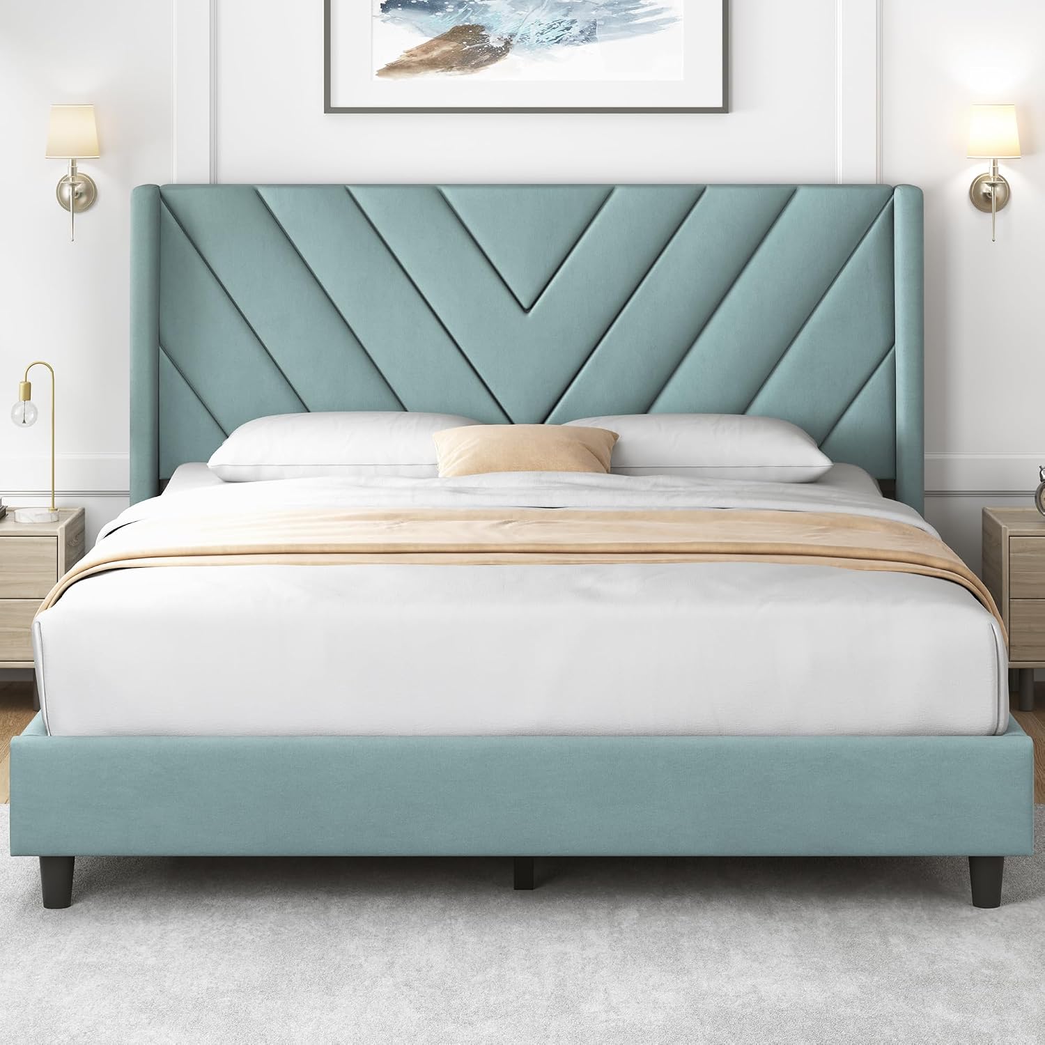 Yaheetech Queen Bed Frame Upholstered Platform Bed/Wooden Slat Support/Tufted Headboard with Wing Side/Mattress Foundation/No Box Spring Needed,Blue Lake Queen