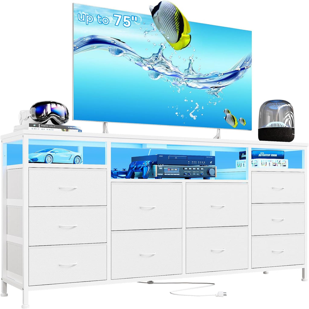 63.3 in Dresser for Bedroom, 10 Drawer Dresser Tv Stand for 65 70 75 in Tv, Fabric Chest of Drawers With Led Lights & Power Outlets, Long Entertainment Center for Closet, Living Room (White PU)