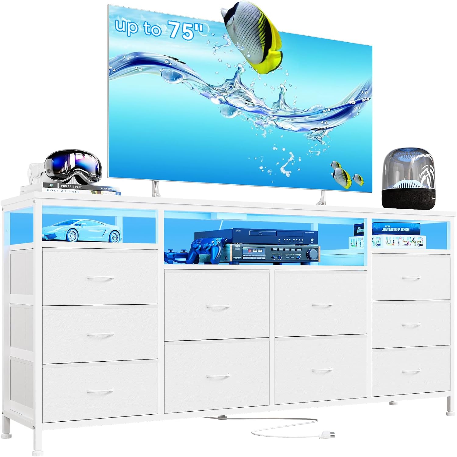 63.3 in Dresser for Bedroom, 10 Drawer Dresser Tv Stand for 65 70 75 in Tv, Fabric Chest of Drawers With Led Lights & Power Outlets, Long Entertainment Center for Closet, Living Room (White PU)