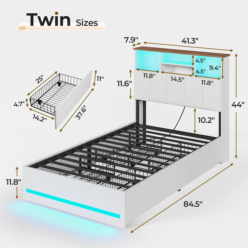 VIAGDO Twin Bed Frames with Bookcase Headboard, Wooden Bed Frame Twin Size with Charging Station, 4 Storage Drawers and LED Lights, LED Bed Frame with Type-C and USB, No Box Spring Needed, White