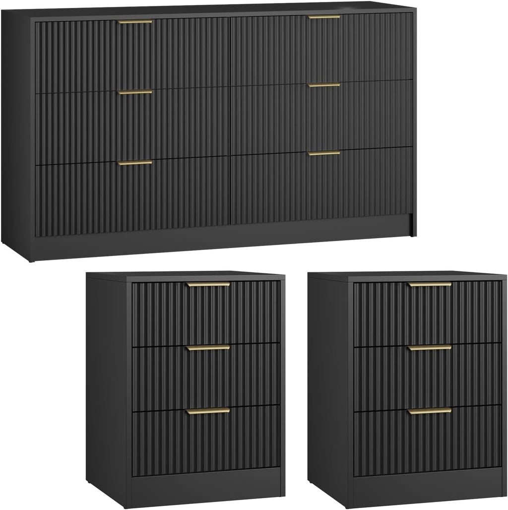 Black Fluted Dresser & Nightstand Set 3-Piece, Long 6 Drawer Dresser and Night Stand Set of 2 with Metal Handle, Fluted Modern Wood Chest of Drawers Storage Dressers Set for Bedroom, Black