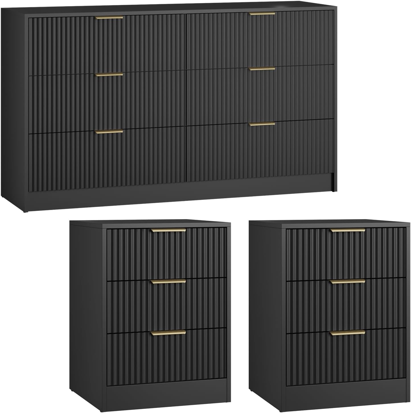 Black Fluted Dresser & Nightstand Set 3-Piece, Long 6 Drawer Dresser and Night Stand Set of 2 with Metal Handle, Fluted Modern Wood Chest of Drawers Storage Dressers Set for Bedroom, Black