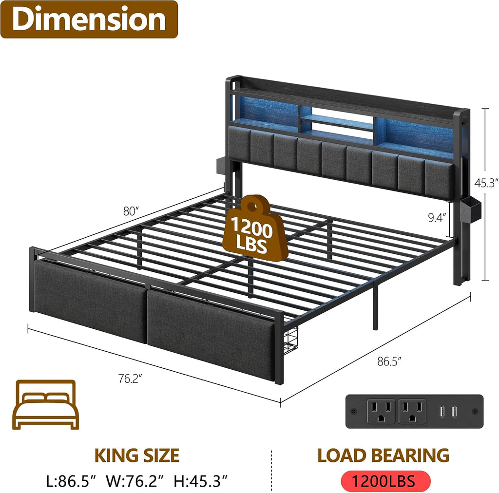 Furnulem King Bed Frame with Wood Headboard & Storage Drawers, Metal Platform Bed Frames King Size with LED Lights, Built in Charging Station, No Box Spring Needed, No Noise, Easy Assembly, Black