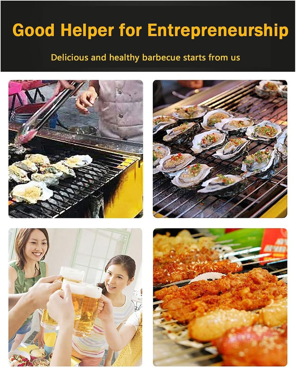 4-Burner Stainless Steel Tabletop Gas BBQ Grill with Grease Tray, Portable Cast Iron Griddle for Outdoor Cooking, Even Heat Distribution, Compact Design, 58x55x20cm, Yellow(Khaki,58x55x20cm)