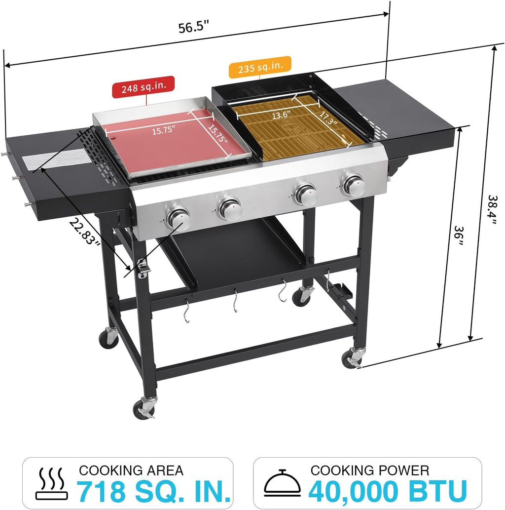 Propane Gas Grill and Griddle Combo, 4 Burner 40,000 BTU Outdoor Cooking Station with 483 Sq. In. Cooking Area, Portable BBQ for Garden Patio Backyard Barbecue