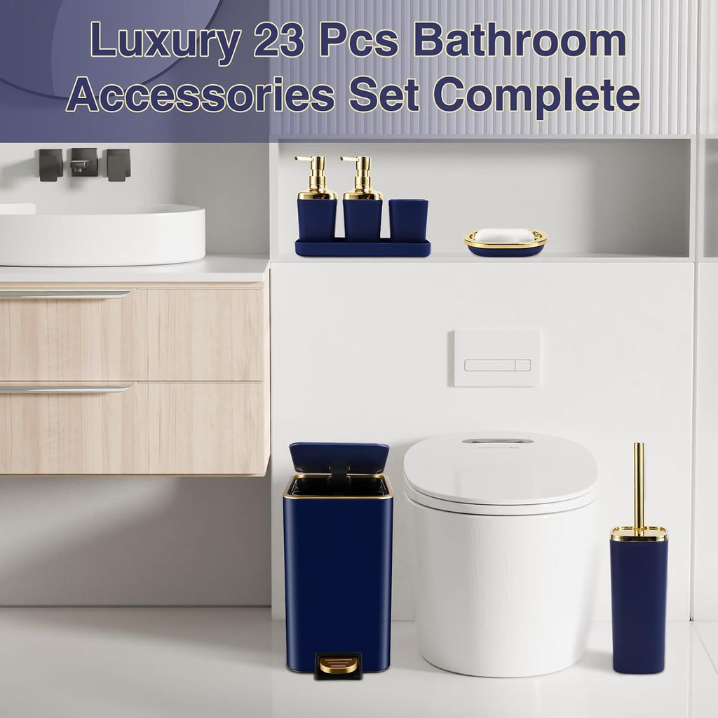 Bathroom Sets with Shower Curtain and Rugs Bathroom Accessories Set Navy Blue Bathroom Set,Soap Dispenser & Toilet Brush Holder Set with Stainless Steel Trash Can(23 PCS)