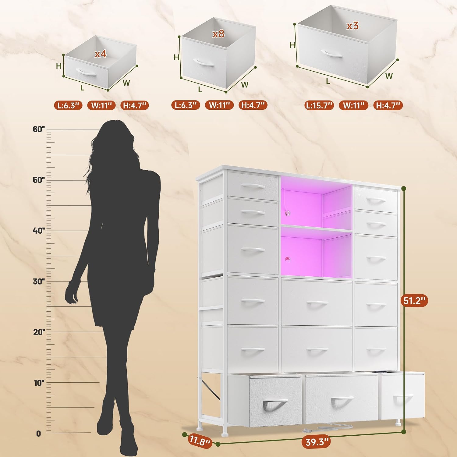 EnHomee 51' H White Dresser with 15 Drawers Dresser for Bedroom with Charging Station & LED Lights & Hutch Sturdy Bedroom Dressers, Steel Frame, Wood Top, 51.2' H x 39.3' W x 11.8' D