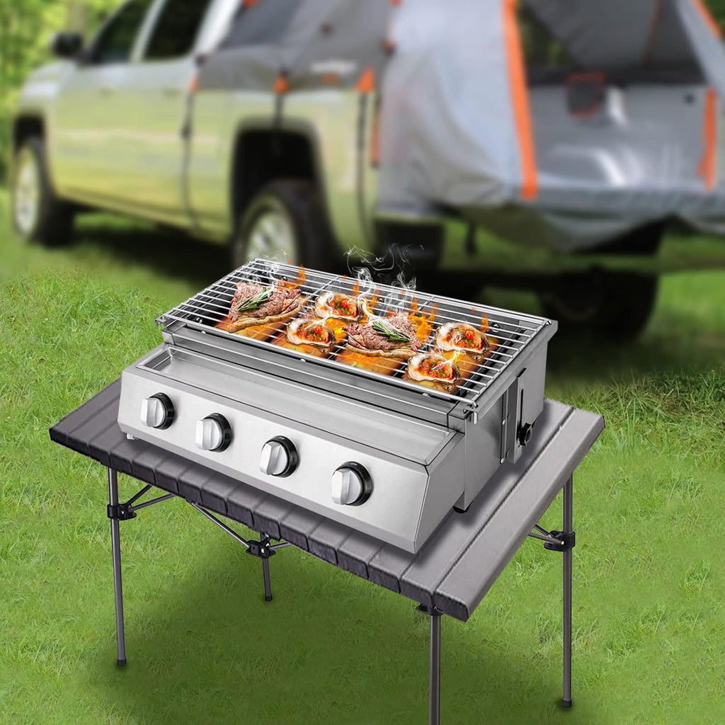 4 Burners Portable Gas Grill Tabletop Smokeless Stainless Steel Gas BBQ Grill with Griddle Independent Ignition,Propane LPG Grill for Outdoor Camping Picnic Kitchen (22.8 * 15.7 * 7.9in- 4 Burners)