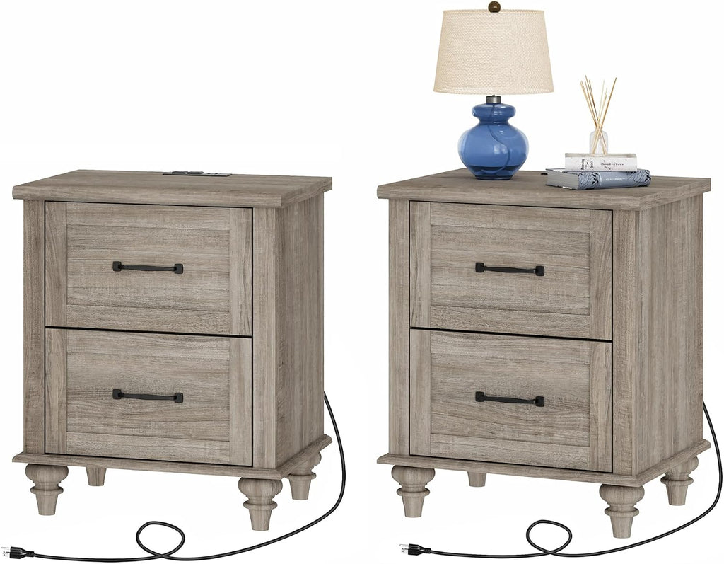 WAMPAT Nightstands with Charging Station Set of 2, 20 Inch Bedside Table with 2 Drawers, Farmhouse Night Stand Wood End Tables with Solid Wood Legs for Bedroom, Grey