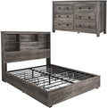 LUXOAK 2-Piece Farmhouse Bedroom Set, King Size Bookcase Bed Frame and 6 Drawers Dresser, Wooden Storage Bed with Charging Station & 4 Drawers, Rustic Chest of Drawers Closet for Bedroom, Grey