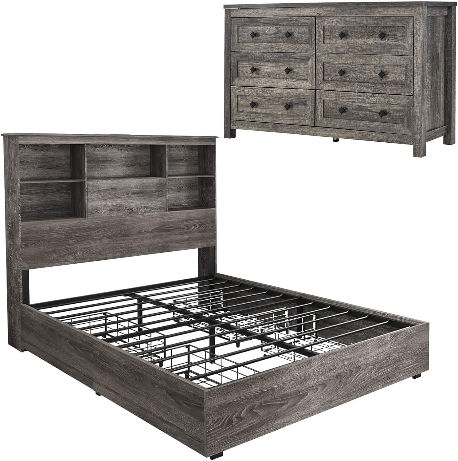 LUXOAK 2-Piece Farmhouse Bedroom Set, King Size Bookcase Bed Frame and 6 Drawers Dresser, Wooden Storage Bed with Charging Station & 4 Drawers, Rustic Chest of Drawers Closet for Bedroom, Grey