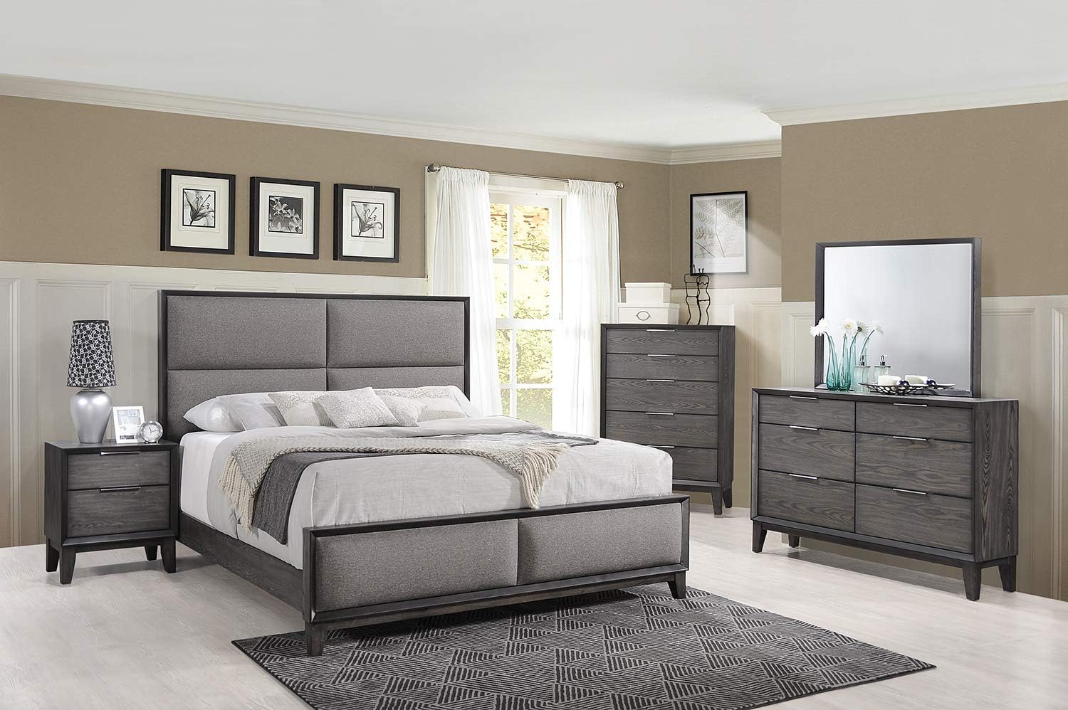 Kings Brand Furniture – Sheldon 6-Piece King Size Gray Bedroom Set. Bed, Dresser, Mirror, Chest & 2 Nightstands