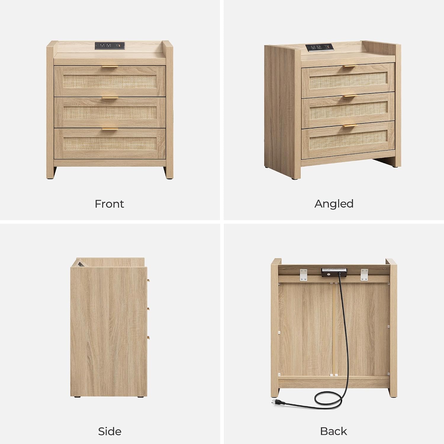 SICOTAS Rattan Nightstands Set of 2 Bedside Table - Larger Night Stand with Type-C Charging Station, 3 Drawers Storage, Boho Night Stands End Table for Bedroom Office - Light Oak