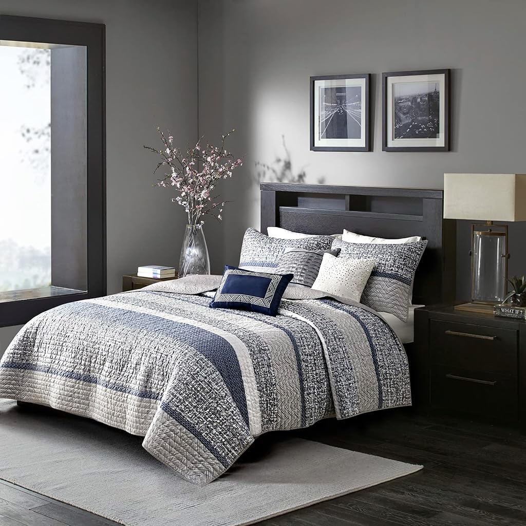 Madison Park King Quilt Set - Lustrous Jacquard & Glitter Accent Coverlet Set for King Size Bed - All Season, Lightweight, Shams, Decorative Pillow, Chevron Grey/Navy