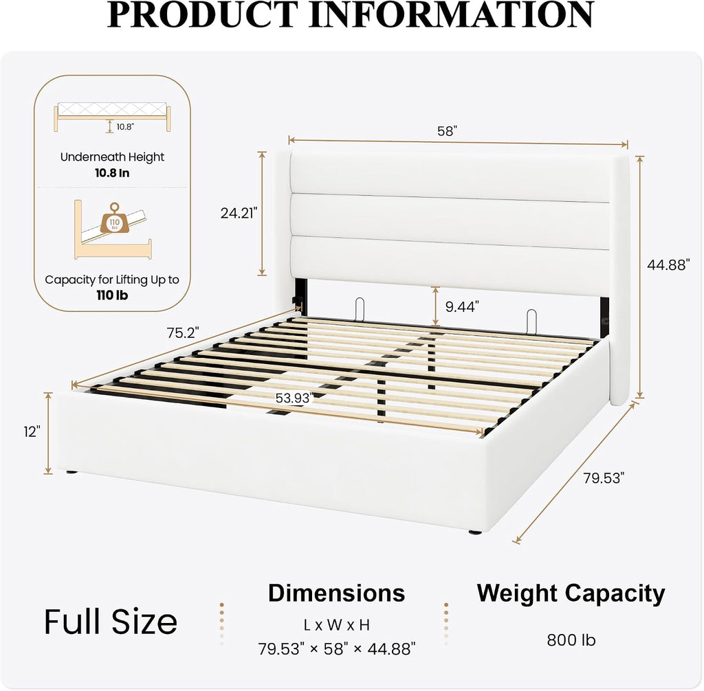 SHA CERLIN Full Size Lift Up Storage Bed/Velvet Upholstered/Modern Wingback Headboard/Upholstered Platform Bed Frame/Hydraulic Storage/No Box Spring Needed/White