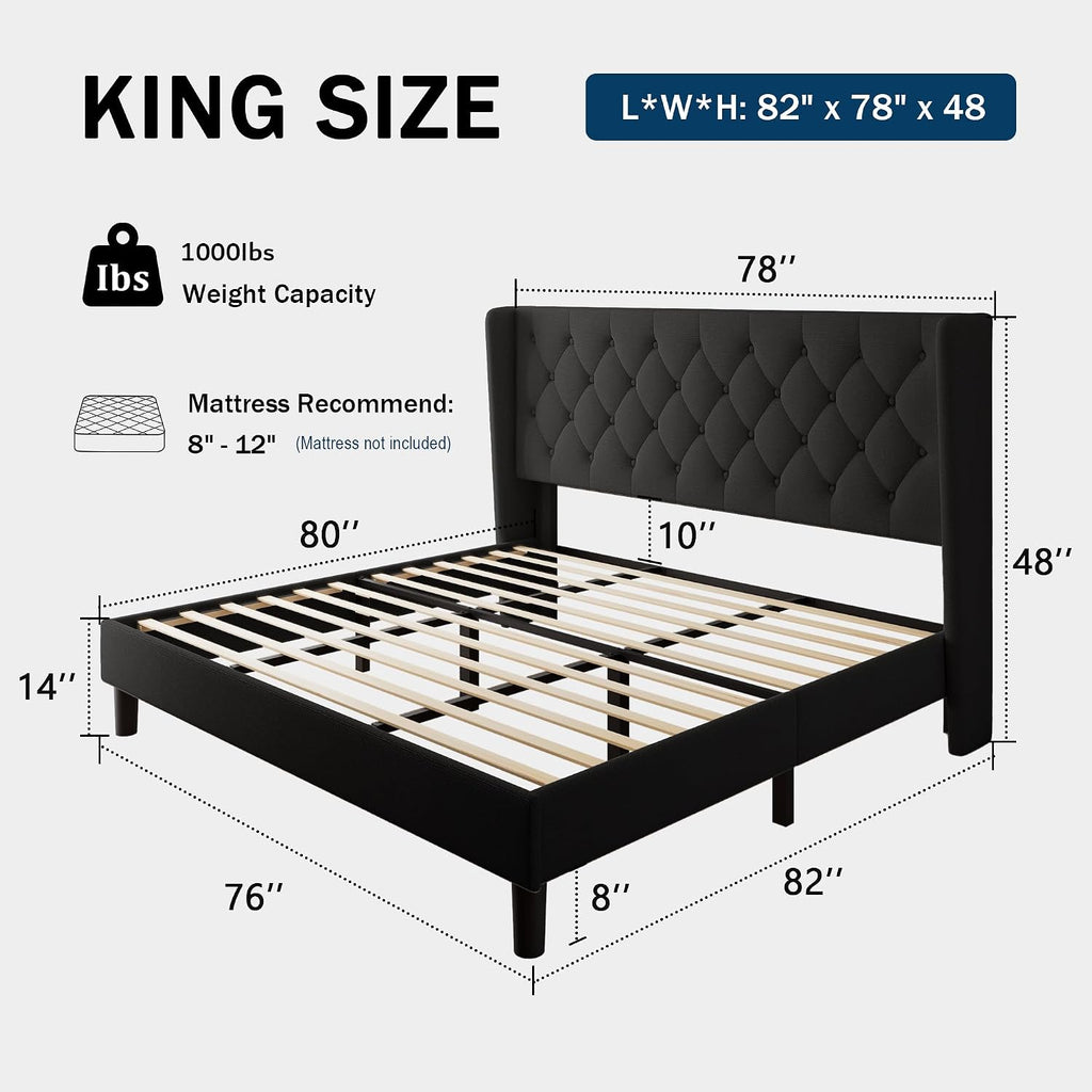 GalnFu King Size Bed Frame with Button Tufted Headboard, Upholstered Platform Bed Frame with UnderBed Storage, Wooden Slats Supports, Noise Free, No Box Spring Needed, Easy Assembly, Black