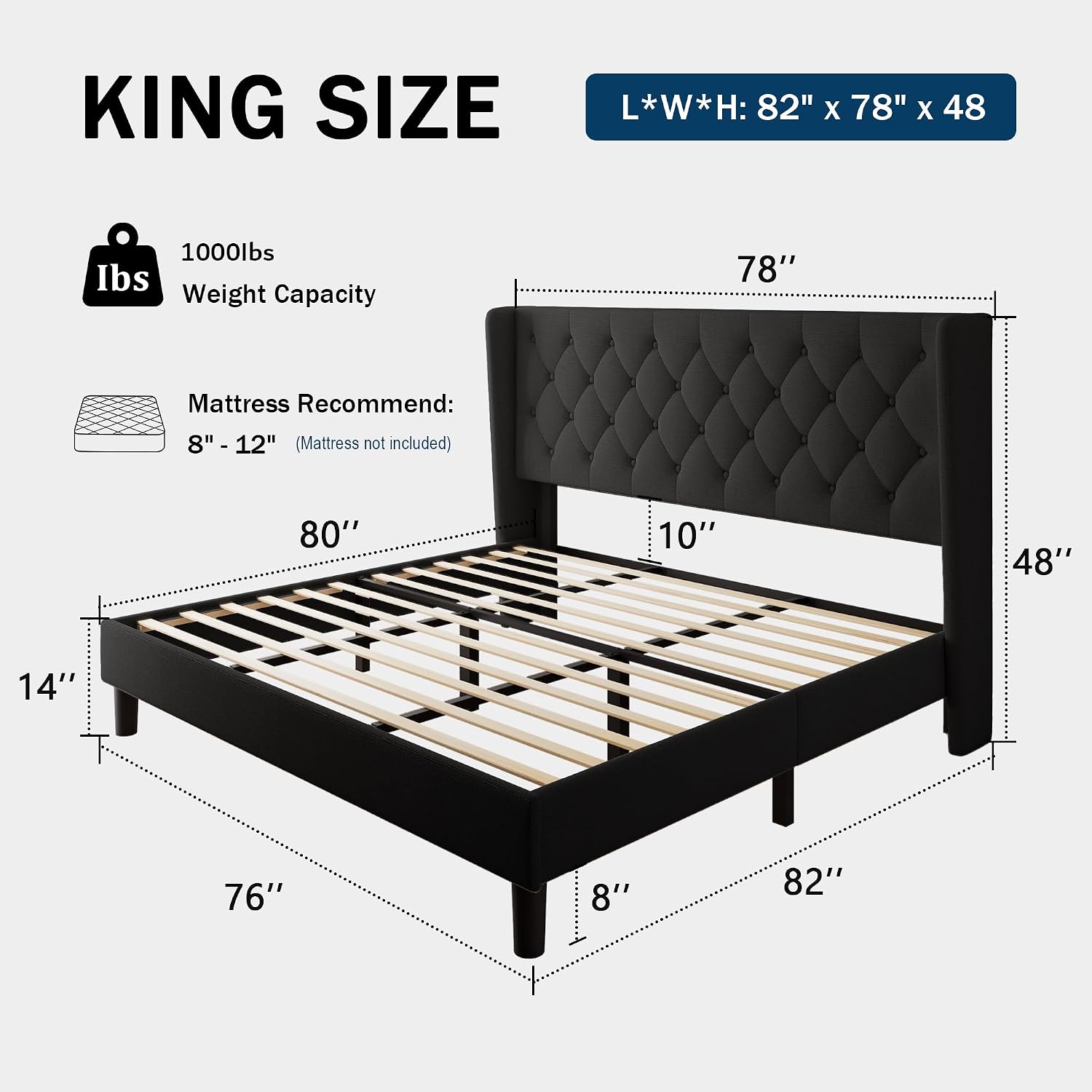 GalnFu King Size Bed Frame with Button Tufted Headboard, Upholstered Platform Bed Frame with UnderBed Storage, Wooden Slats Supports, Noise Free, No Box Spring Needed, Easy Assembly, Black