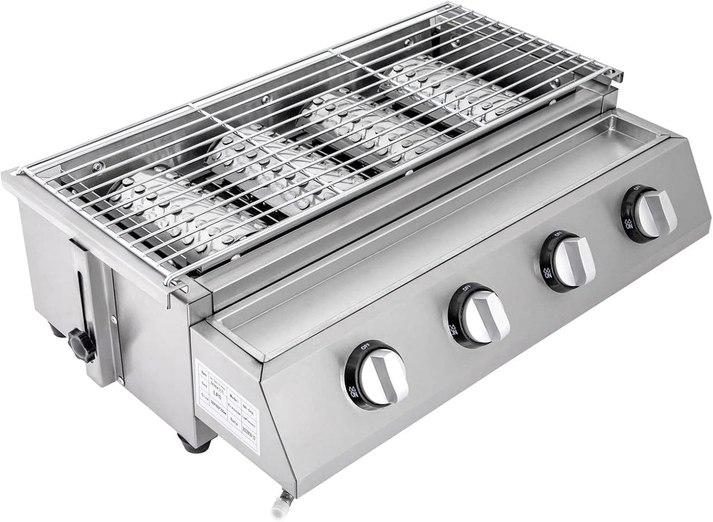 4 Burners Portable Gas Grill Tabletop Smokeless Stainless Steel Gas BBQ Grill with Griddle Independent Ignition,Propane LPG Grill for Outdoor Camping Picnic Kitchen (22.8 * 15.7 * 7.9in- 4 Burners)