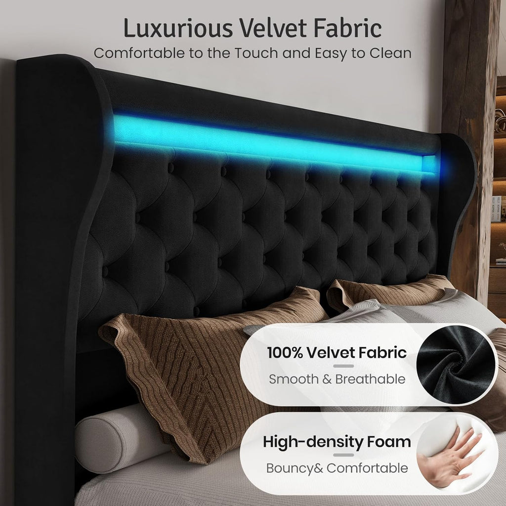 Belffin King Size Bed Frame with Headboard,50' Tall Headboard Upholstered Velvet Platform Bed with LED Lights & 2 USB Port/1 Type C Port, Button Tufted, No Box Spring Needed,Noise Free,Black