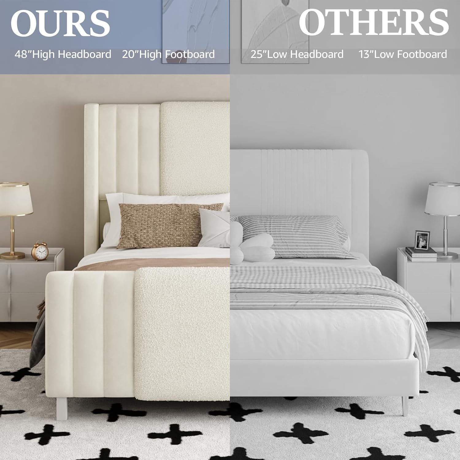 Lihimte King Size Bed Frame with Tall Headboard and Footboard, Boucle and Velvet Upholstered Bed Frame King with LED Lights, Modern Platform Bed Frames, Noiseless, Easy Assembly, White