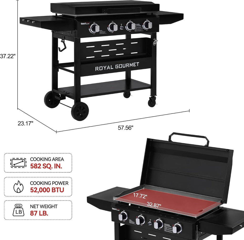 Royal Gourmet GB4000PB 4-Burner Gas Griddle with Hood, Griddle with Collapsible Side Shelves, 52,000 BTU, 582 Sq. In. Cooking Area, Electronic Ignition, Swivel Wheels with Brakes, Black