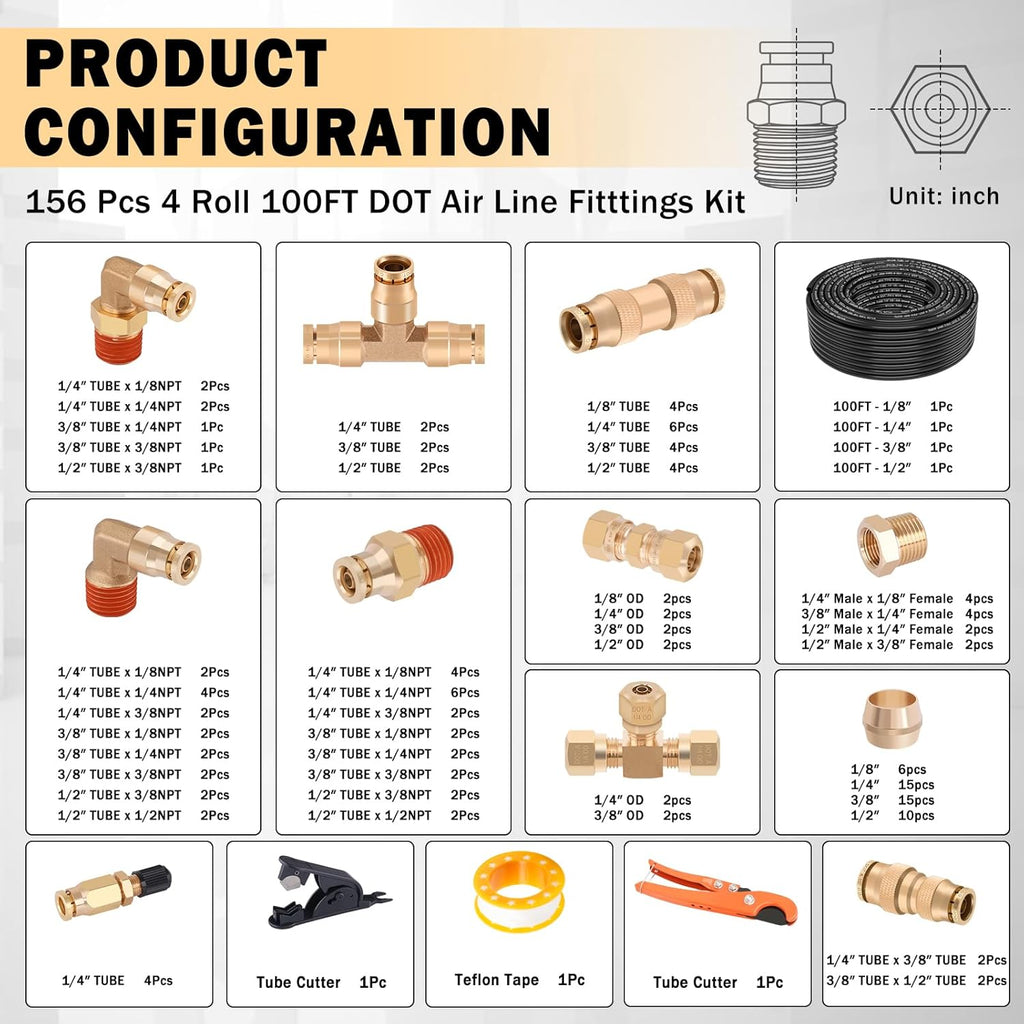 CheeMuii 156 PCS Brass DOT Air Line Fittings with 4 Roll 100FT 1/8' 1/4' 3/8' 1/2' DOT Air Lines Kit Push Lock Air Fitting Quick Connect Air Fittings with Air Hose Pneumatic Tubing