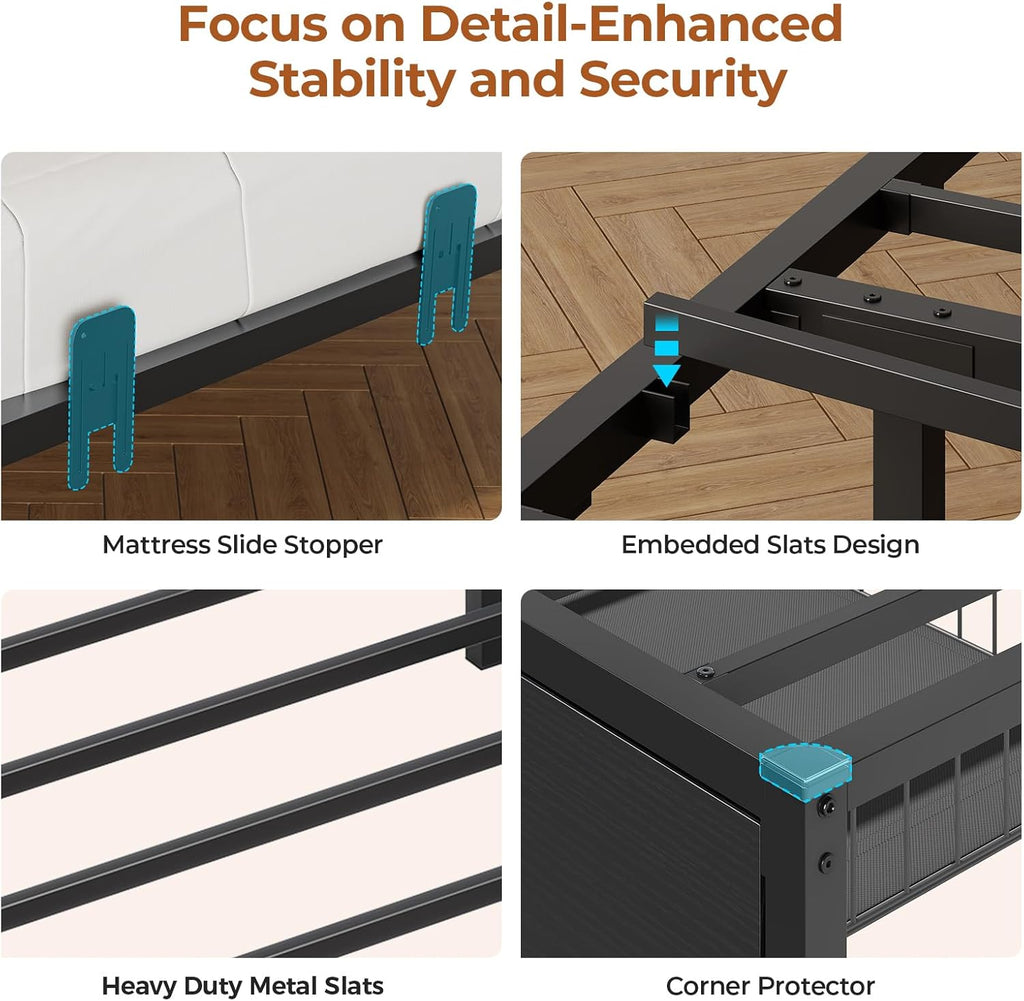 DICTAC Corner Bed Frame with 2 Storage Drawers and Bookcase Headboard Twin XL Metal Platform Bed Frame with Led Lights and Charging Station Twin XL Daybed for Teen and Adult,Kids Bed Frame,Black