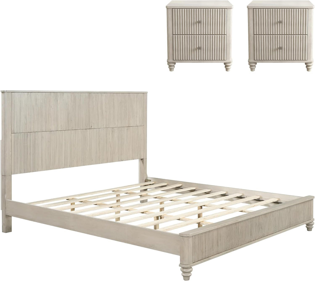 3-Pieces Bedroom Sets, King Size Platform Bed with 2 Nightstands, Solid Wood Platform Bed Frame with Tall Headboard and Classic American Turned Legs (Beige-5.25, King)