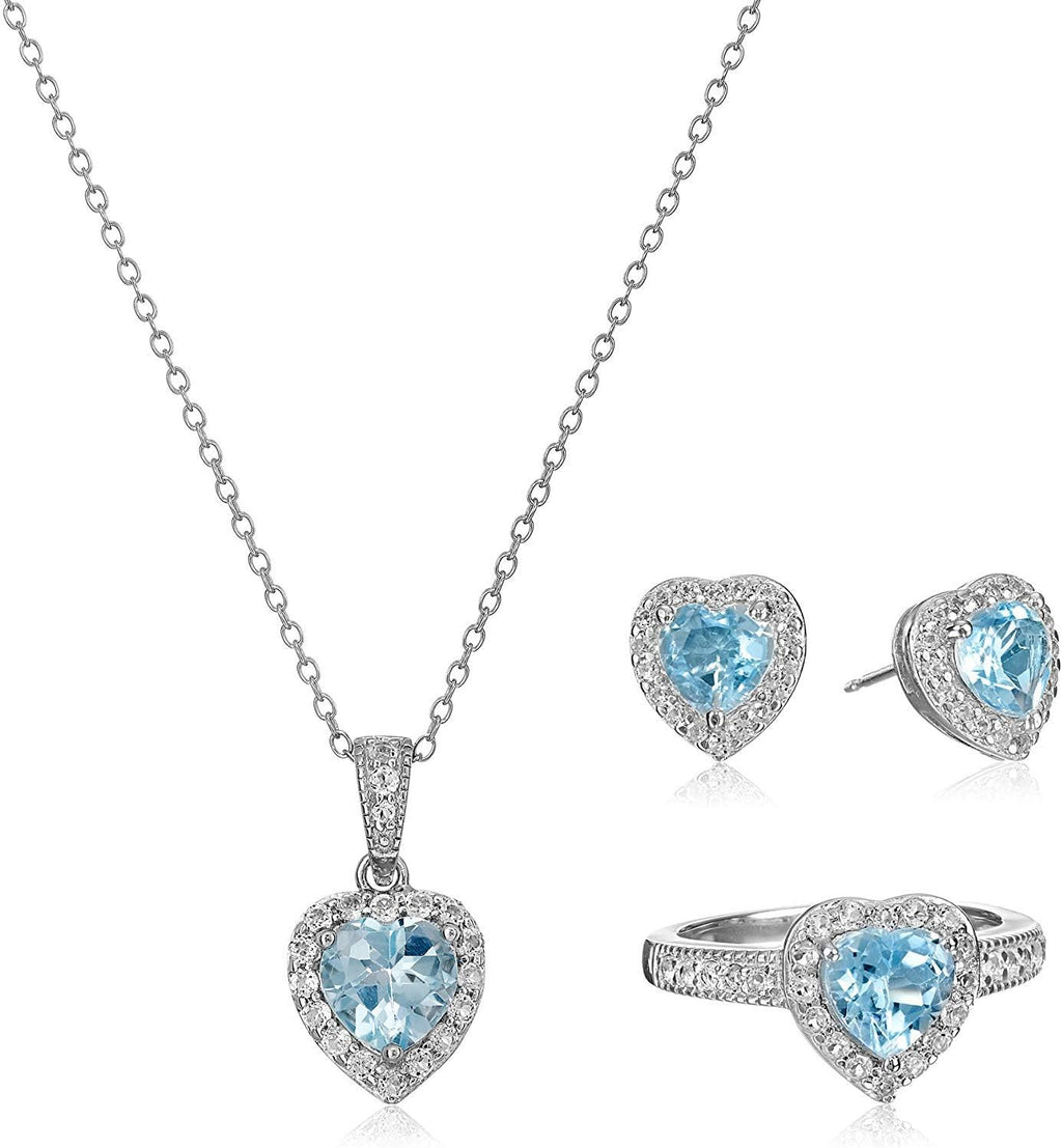 MORGAN & PAIGE .925 Sterling Silver Gemstones and White Sapphire Halo Heart Pendant Necklace, Ring and Stud Earrings for Women Set - Birthstone Jewelry Sets for Women, 18in Cable Chain, Size 7 Ring