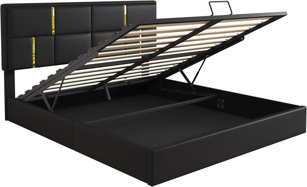 JIJIWANG Queen Size Upholstered Platform Bed with Hydraulic Storage System,Velvet Bed Frame with Headboardqueen Bed Brame with Storage No Box Spring Needed,Black