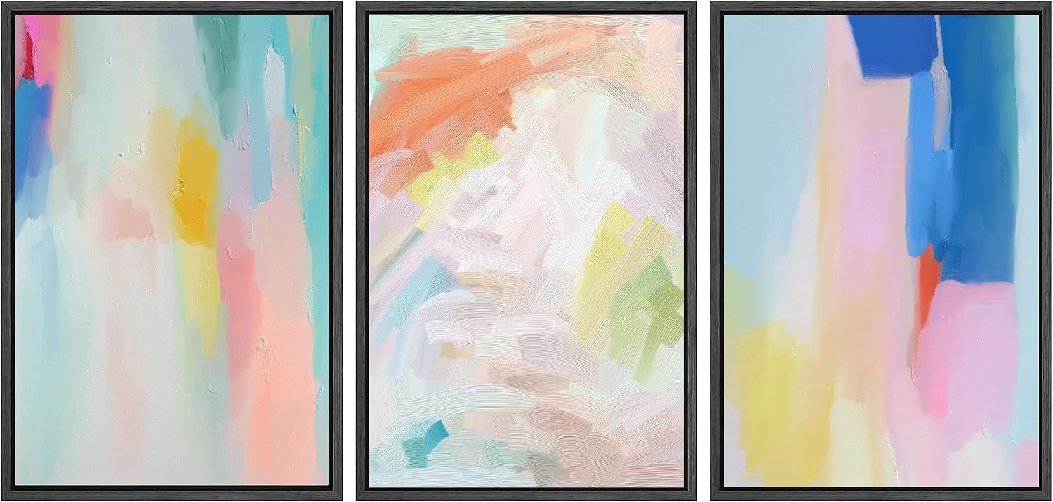 SIGNWIN Framed Canvas Print Wall Art Set Watercolor Pastel Rainbow Paint Stroke Shapes Abstract Illustrations Modern Art Decorative Nordic Calm/Zen for Living Room, Bedroom, Office - 16'x24'x3 Black