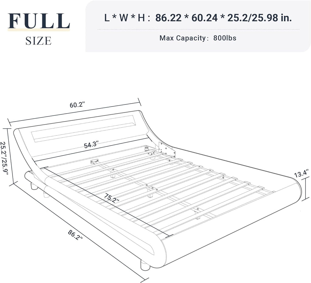 Allewie Full Size LED Platform Bed Frame with Adjustable Headboard/No Box Spring Need/Easy Assembly/Faux Leather in Grey