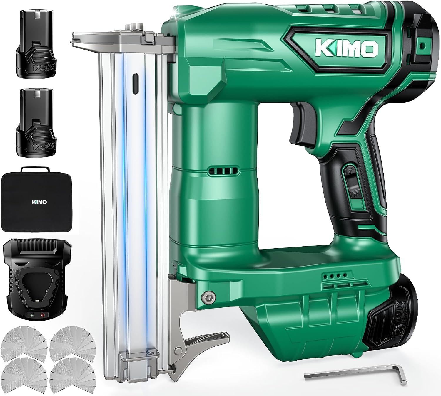 KIMO Brad Nailer Cordless w/ 5000pcs Nails, 2.0Ah Battery X2, 180 Nails/min, Single & Contact Firing, LED Light, Fast Charger,Adjustable Depth 18 GA Cordless Nail Gun for DIY Woodworking Framing