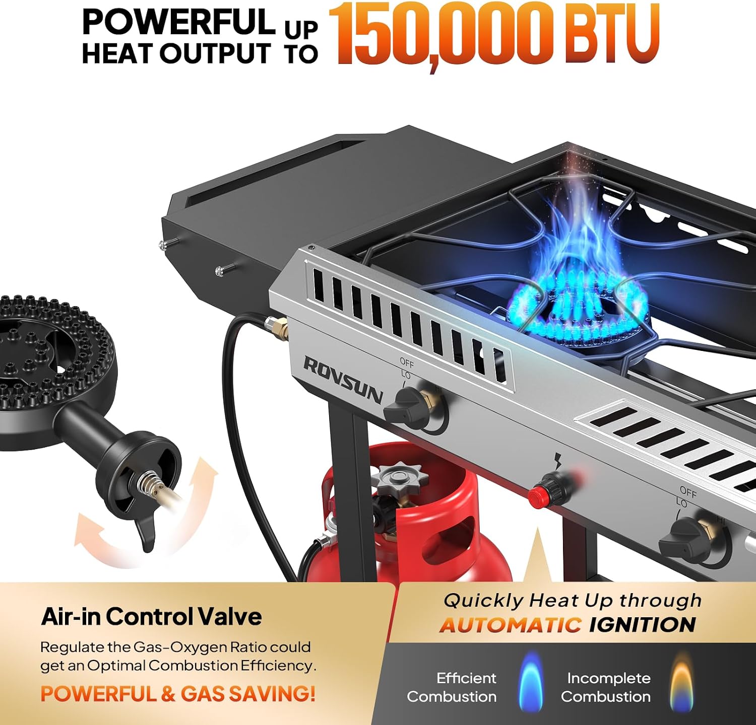 ROVSUN 2 Burner Propane Stove with Auto Ignition, 150,000 BTU Gas Stove with Side Shelves, Rolling Wheels & Regulator for Home Outdoor Backyard Camping Cooking Frying Brewing Canning