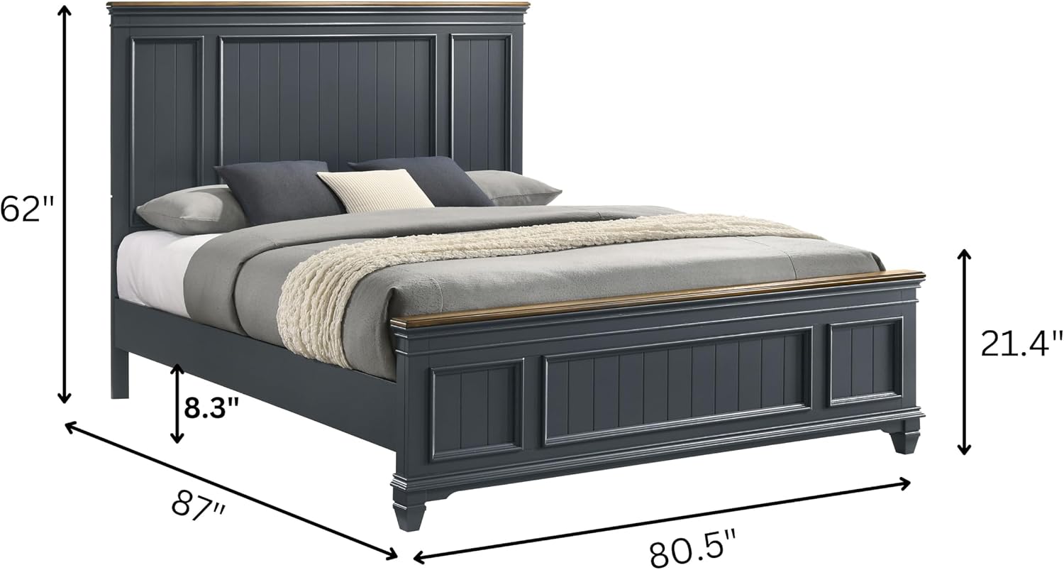 Roundhill Furniture Riverton Wood Bedroom Set with Shiplap Panel King Bed, Dresser, Mirror, Two Nightstands, and Chest in Slate Blue