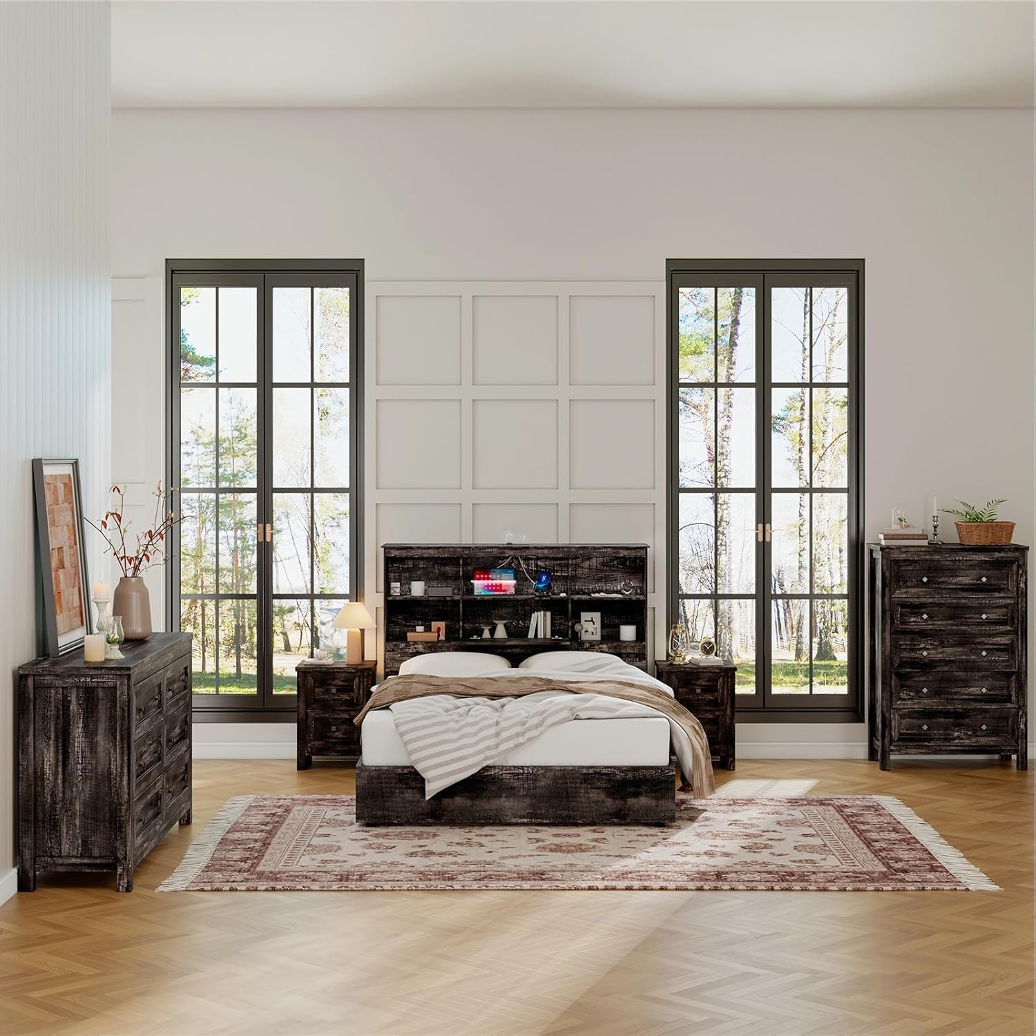 LUXOAK Farmhouse Bedroom Furniture 4 Pieces, 1 X Wood Rustic 6 Drawer Storage Dresser, 1 X 5 Drawer Dresser, Nightstand Set of 2 with Charging Station, Farmhouse Bedroom Set, Black
