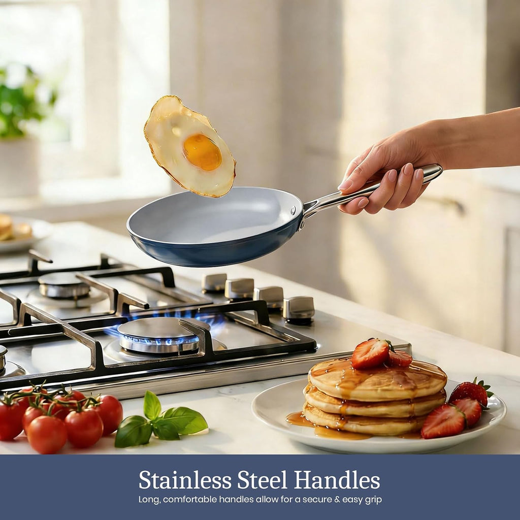 CookinCraze Ceramic Cookware Set 8 Pieces Nonstick Pots and Pans Set with Lid PFAS-Free Non Toxic Cookware, Induction Compatible, Oven Safe, Quick & Even Heat Distribution, Navy Blue